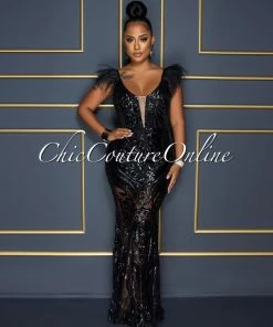 Chic Couture Online Francesca Black Sequins Feather Shoulders Maxi Dress