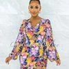 Chic Couture Online Zesta Pink Blue Floral Print Front Key-Hole Ruched Dress JUST IN