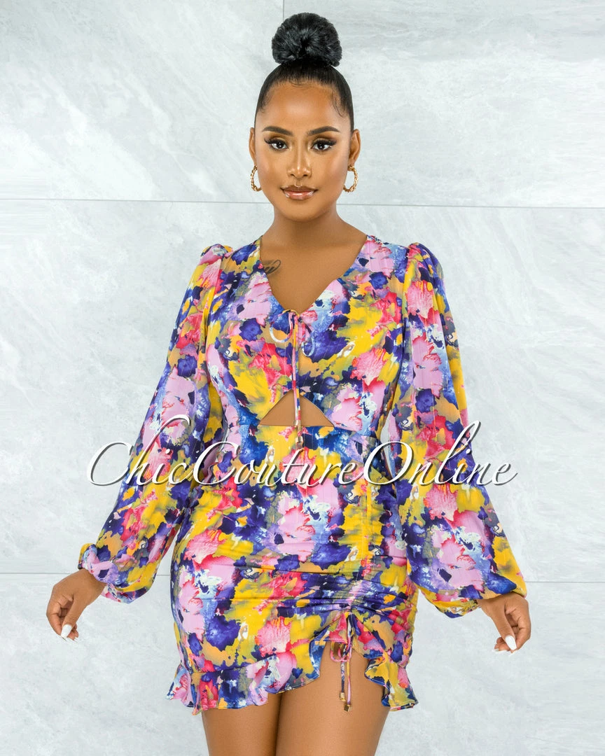 Chic Couture Online Zesta Pink Blue Floral Print Front Key-Hole Ruched Dress JUST IN