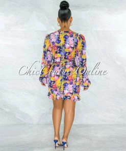 Chic Couture Online Zesta Pink Blue Floral Print Front Key-Hole Ruched Dress JUST IN