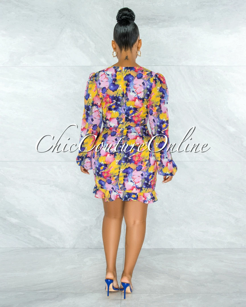 Chic Couture Online Zesta Pink Blue Floral Print Front Key-Hole Ruched Dress JUST IN