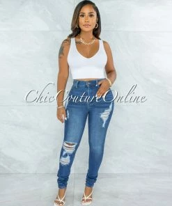 Vendor-unknown JUST IN Electra Medium Denim High-Waist Distressed Skinny Jeans