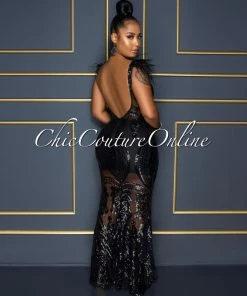 Chic Couture Online Francesca Black Sequins Feather Shoulders Maxi Dress