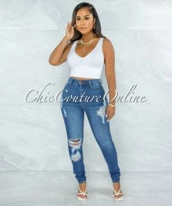 Vendor-unknown JUST IN Electra Medium Denim High-Waist Distressed Skinny Jeans