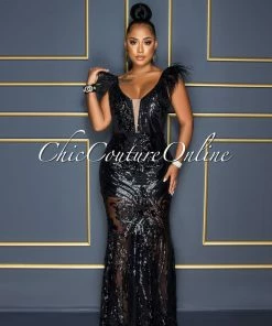 Chic Couture Online Francesca Black Sequins Feather Shoulders Maxi Dress