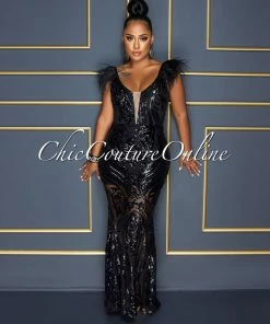 Chic Couture Online Francesca Black Sequins Feather Shoulders Maxi Dress