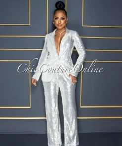 Vendor-unknown Alonza Ivory Sequins Double Trench Blazer & Pants Set