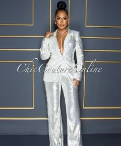 Vendor-unknown Alonza Ivory Sequins Double Trench Blazer & Pants Set