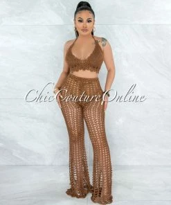 Vendor-unknown Egesa Brown Crochet Cover-Up Fishnet Set SWIM