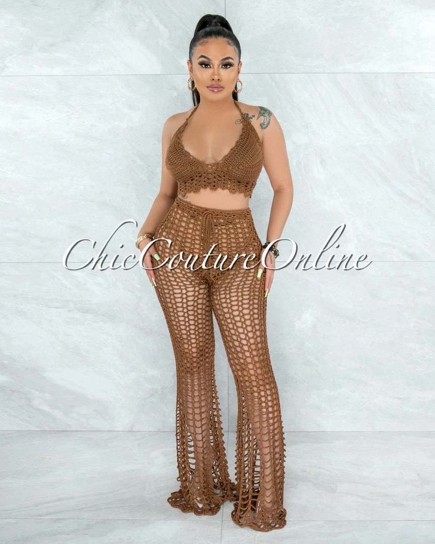 Vendor-unknown Egesa Brown Crochet Cover-Up Fishnet Set SWIM