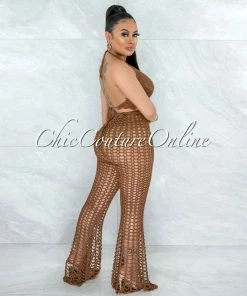 Vendor-unknown Egesa Brown Crochet Cover-Up Fishnet Set SWIM