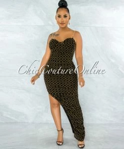 Vendor-unknown Pyera Black Gold Print Ruched Slit Gold Links Straps Maxi Dress