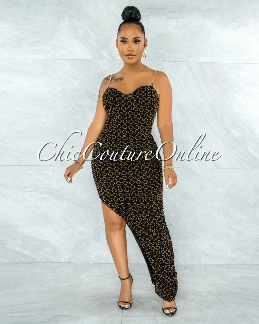 Vendor-unknown Pyera Black Gold Print Ruched Slit Gold Links Straps Maxi Dress