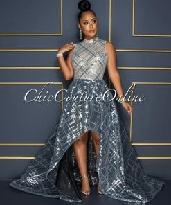 Vendor-unknown Delia Nude Black Silver Sequins Two Tones Hi-Lo Maxi Dress