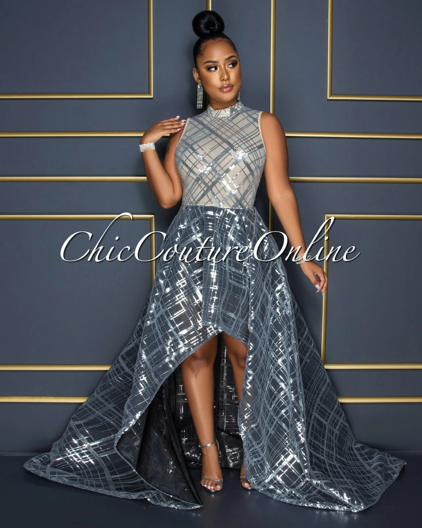 Vendor-unknown Delia Nude Black Silver Sequins Two Tones Hi-Lo Maxi Dress