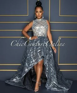 Vendor-unknown Delia Nude Black Silver Sequins Two Tones Hi-Lo Maxi Dress