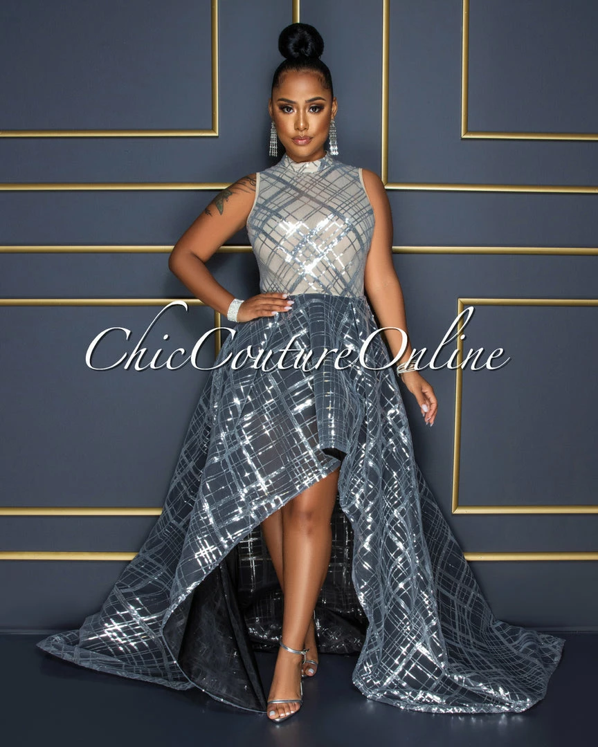 Vendor-unknown Delia Nude Black Silver Sequins Two Tones Hi-Lo Maxi Dress