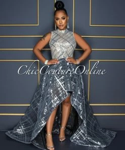 Vendor-unknown Delia Nude Black Silver Sequins Two Tones Hi-Lo Maxi Dress