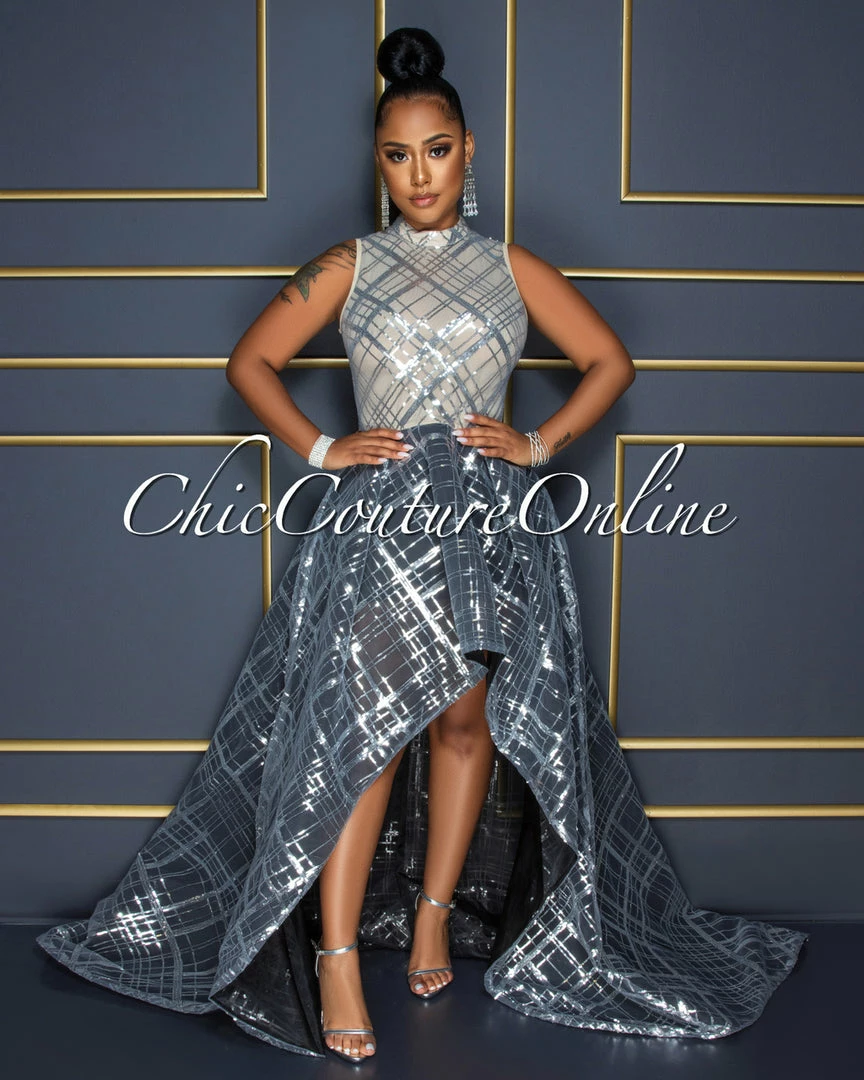 Vendor-unknown Delia Nude Black Silver Sequins Two Tones Hi-Lo Maxi Dress