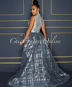 Vendor-unknown Delia Nude Black Silver Sequins Two Tones Hi-Lo Maxi Dress