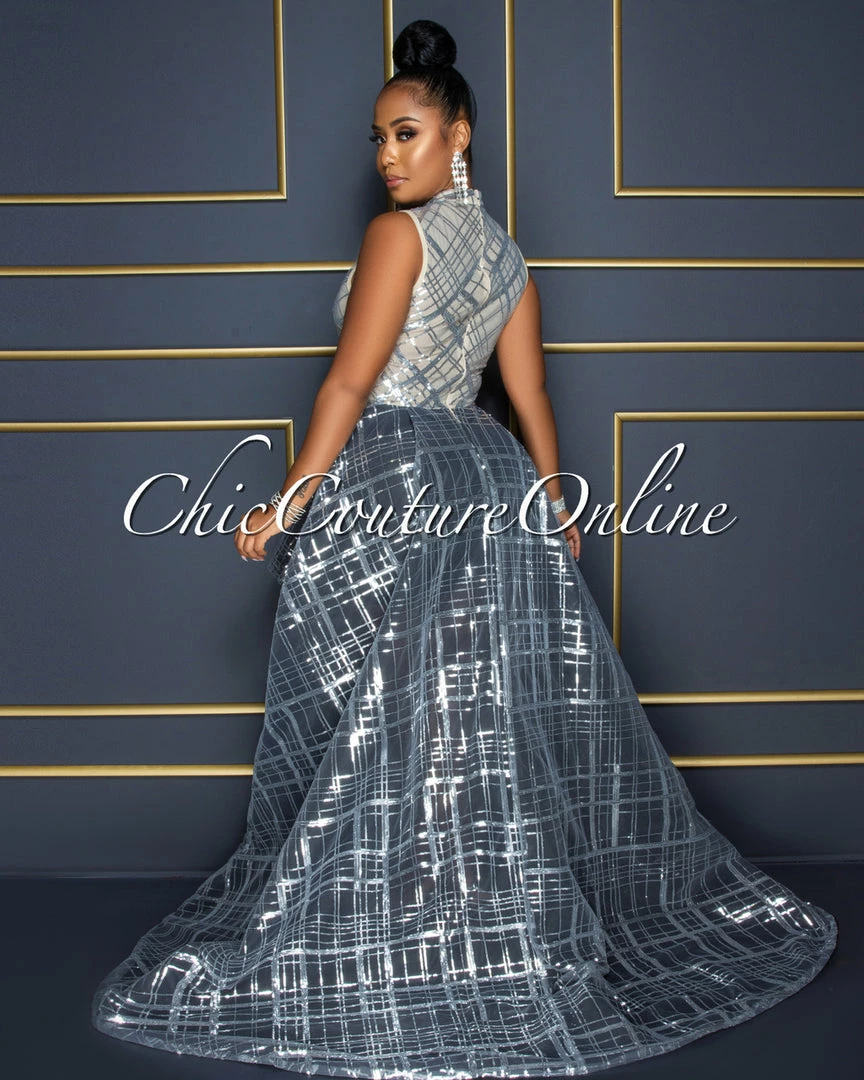 Vendor-unknown Delia Nude Black Silver Sequins Two Tones Hi-Lo Maxi Dress