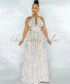 Vendor-unknown Jethra Cream Lavender Cut-Out Strappy Sides Maxi Dress