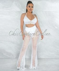 Vendor-unknown Egesa Off-White Crochet Cover-Up Fishnet Set SWIM