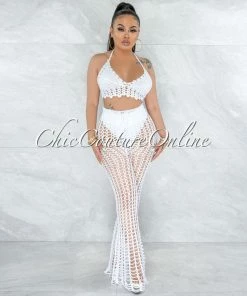 Vendor-unknown Egesa Off-White Crochet Cover-Up Fishnet Set SWIM