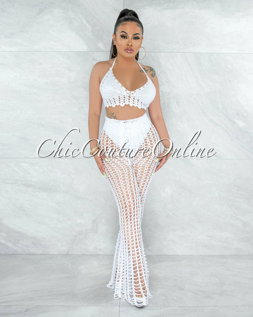 Vendor-unknown Egesa Off-White Crochet Cover-Up Fishnet Set SWIM