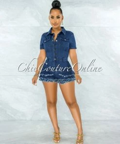 Vendor-unknown Remedio Dark Denim Front Snaps Fringe Ruffle Romper JUST IN