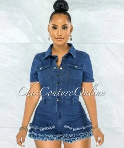 Vendor-unknown Remedio Dark Denim Front Snaps Fringe Ruffle Romper JUST IN