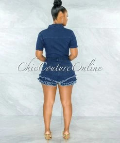 Vendor-unknown Remedio Dark Denim Front Snaps Fringe Ruffle Romper JUST IN