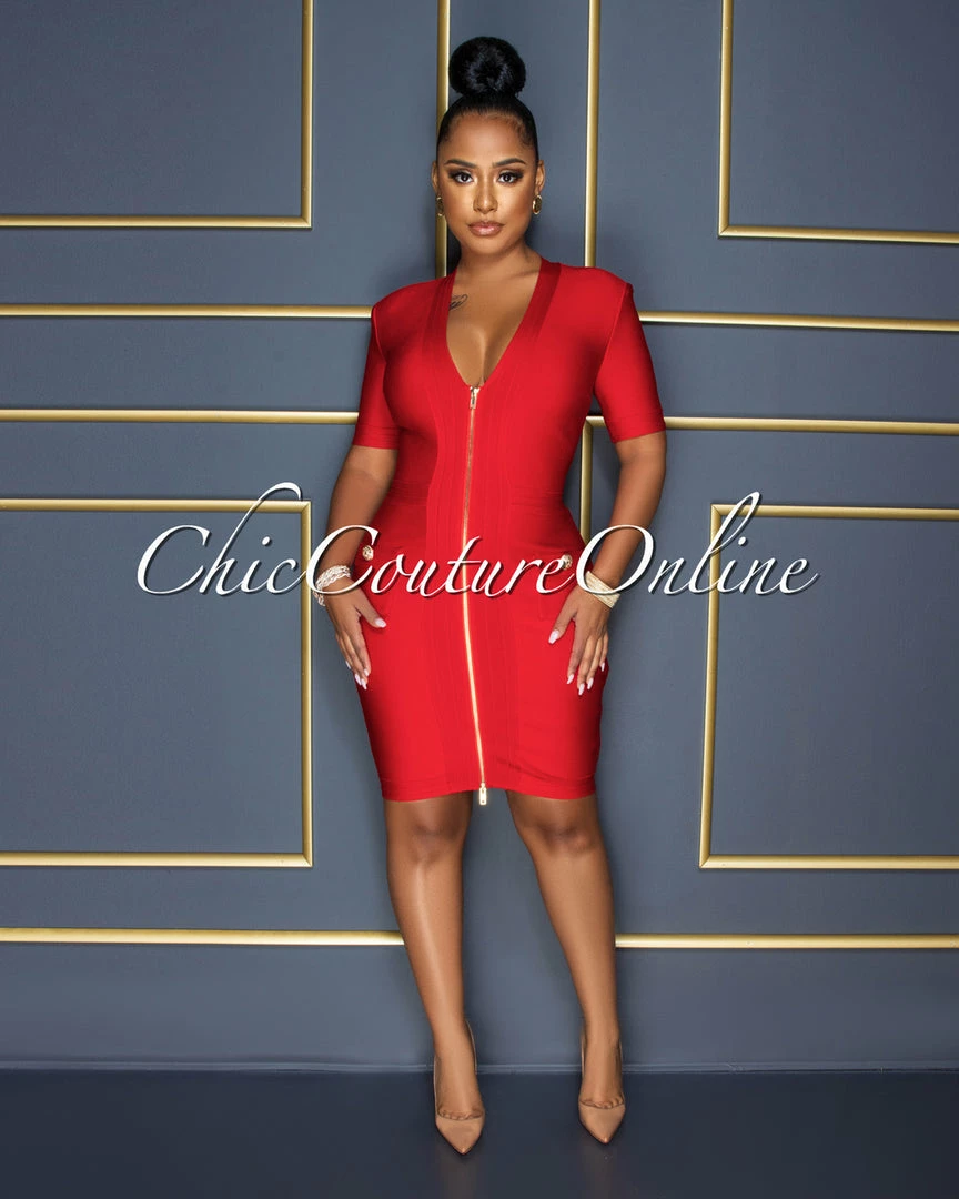 Vendor-unknown CELEBRITY CO Venla Red Gold Zipper Trim Bandage Dress