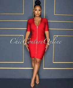 Vendor-unknown CELEBRITY CO Venla Red Gold Zipper Trim Bandage Dress