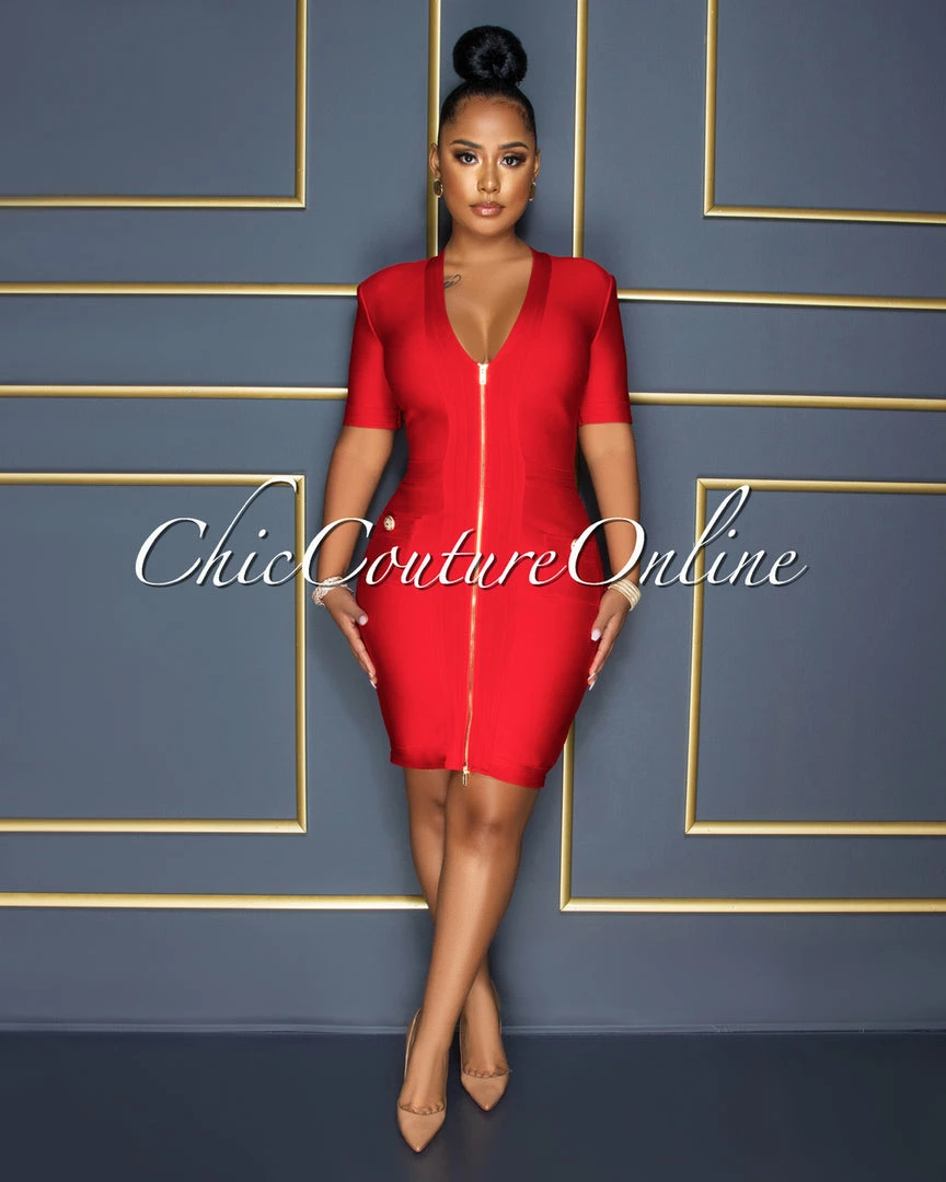 Vendor-unknown CELEBRITY CO Venla Red Gold Zipper Trim Bandage Dress