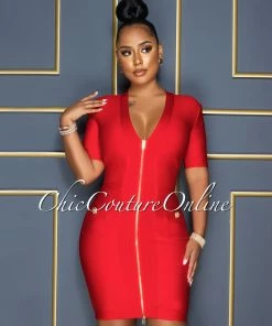 Vendor-unknown CELEBRITY CO Venla Red Gold Zipper Trim Bandage Dress