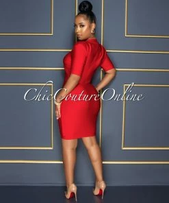 Vendor-unknown CELEBRITY CO Venla Red Gold Zipper Trim Bandage Dress