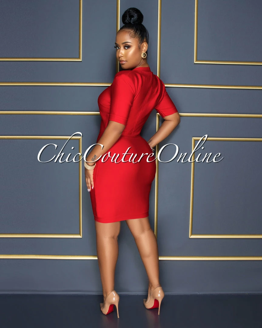 Vendor-unknown CELEBRITY CO Venla Red Gold Zipper Trim Bandage Dress