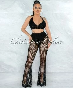 Vendor-unknown Egesa Black Crochet Cover-Up Fishnet Set SWIM