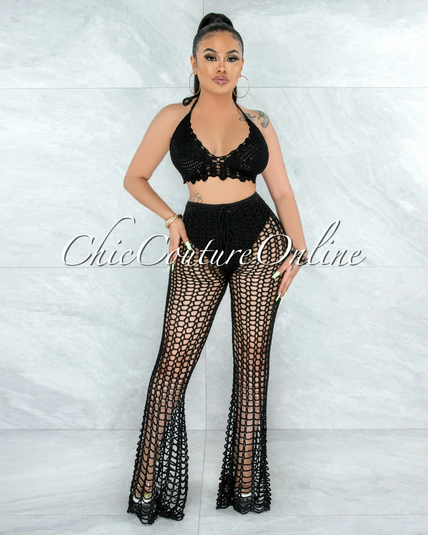 Vendor-unknown Egesa Black Crochet Cover-Up Fishnet Set SWIM