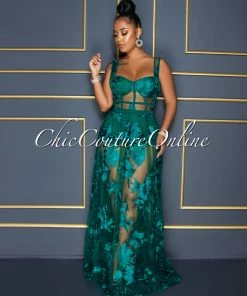 Vendor-unknown Lidonie Hunter Green Embroidery Mesh Maxi Padded Dress CELEBRITY CO