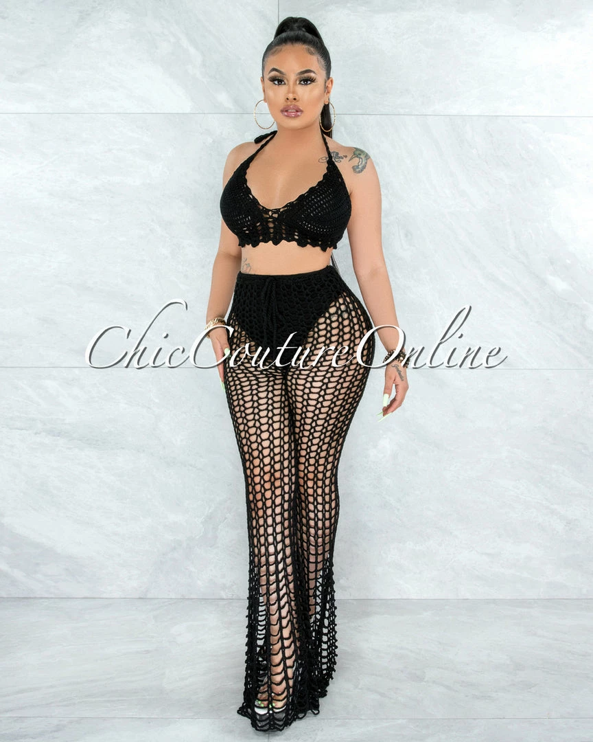 Vendor-unknown Egesa Black Crochet Cover-Up Fishnet Set SWIM