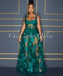 Vendor-unknown Lidonie Hunter Green Embroidery Mesh Maxi Padded Dress CELEBRITY CO