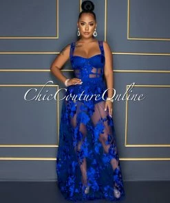 Vendor-unknown Lidonie Royal Blue Embroidery Mesh Maxi Padded Dress CELEBRITY CO