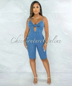 Vendor-unknown Mandar Blue Denim Front Tie Biker Length Romper JUST IN