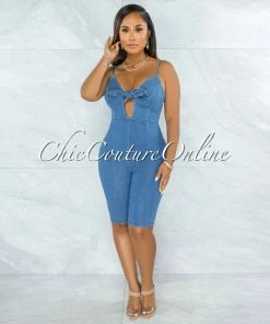 Vendor-unknown Mandar Blue Denim Front Tie Biker Length Romper JUST IN