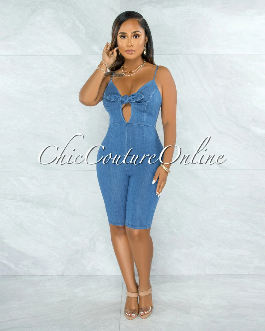 Vendor-unknown Mandar Blue Denim Front Tie Biker Length Romper JUST IN