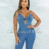 Vendor-unknown Mandar Blue Denim Front Tie Biker Length Romper JUST IN