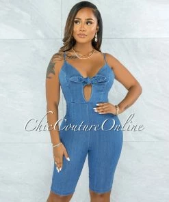 Vendor-unknown Mandar Blue Denim Front Tie Biker Length Romper JUST IN