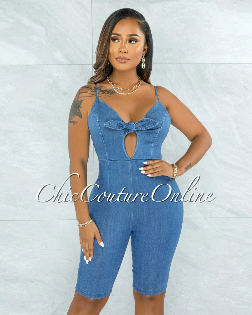 Vendor-unknown Mandar Blue Denim Front Tie Biker Length Romper JUST IN